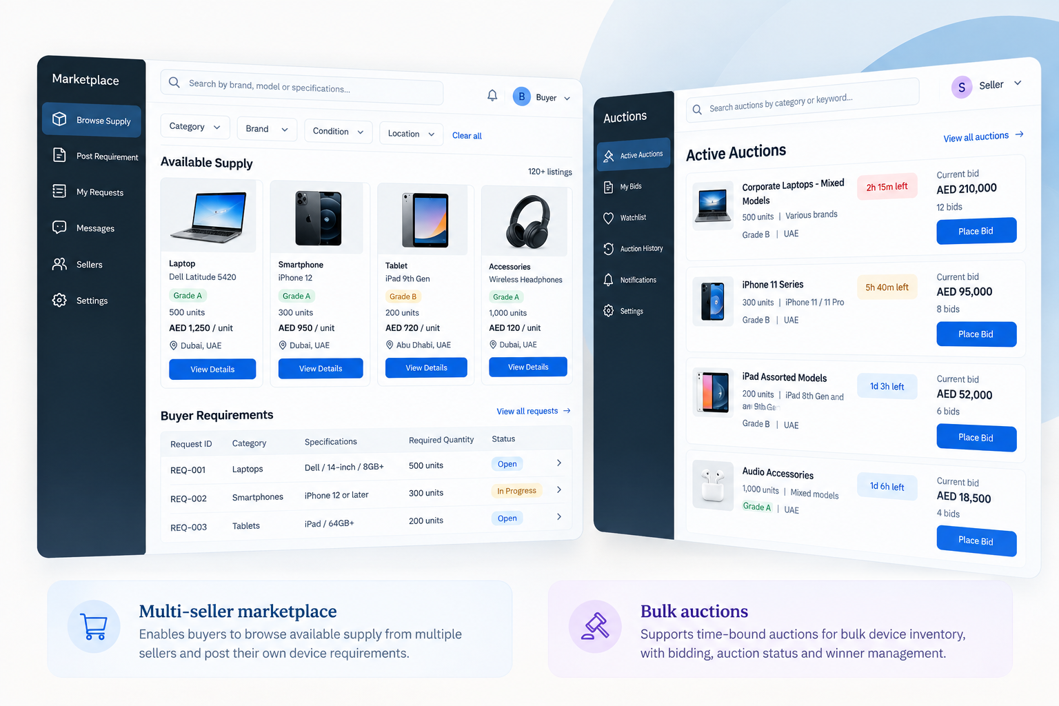 Conceptual illustration of the two proposed B2B platforms: a multi-seller marketplace for ongoing procurement and a bulk auctions platform with competitive bidding